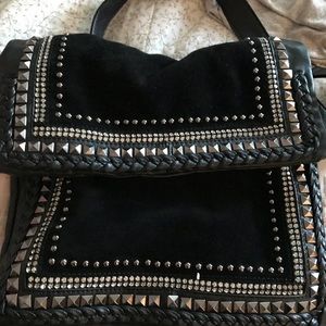 Suede and leather side bag with adjustable strap